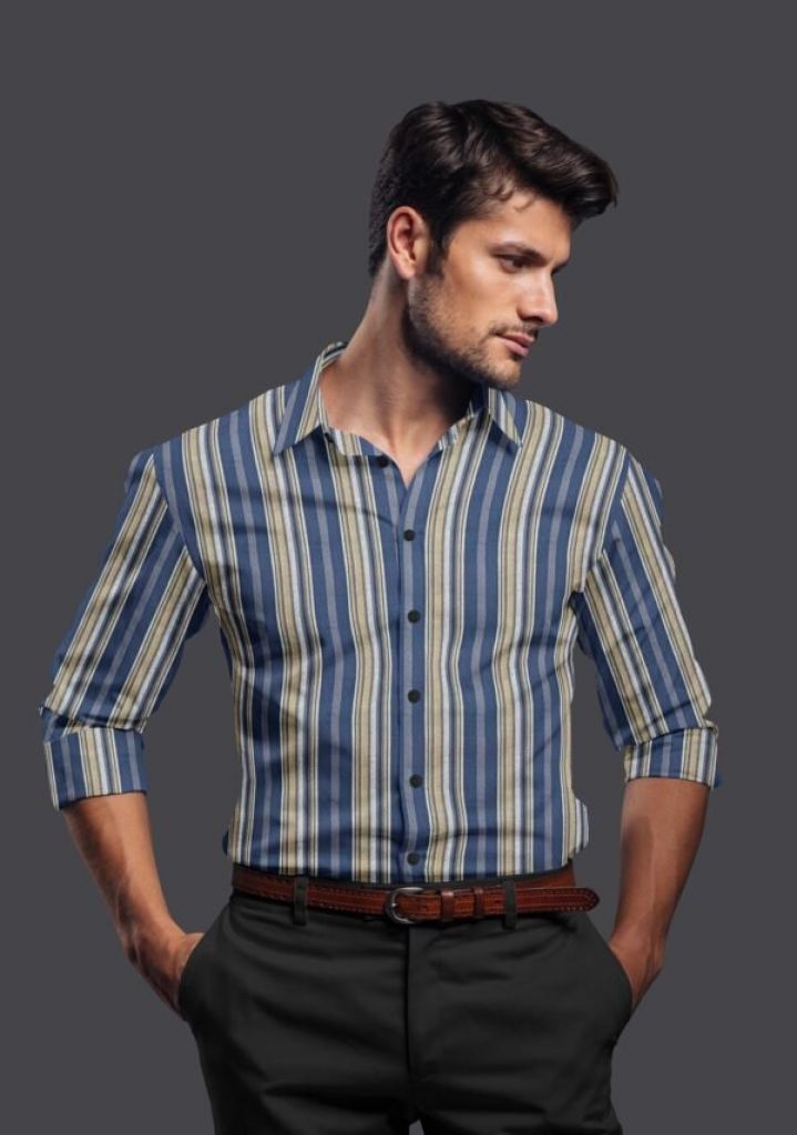 Blue Cotton Striped Full Sleeves Shirt