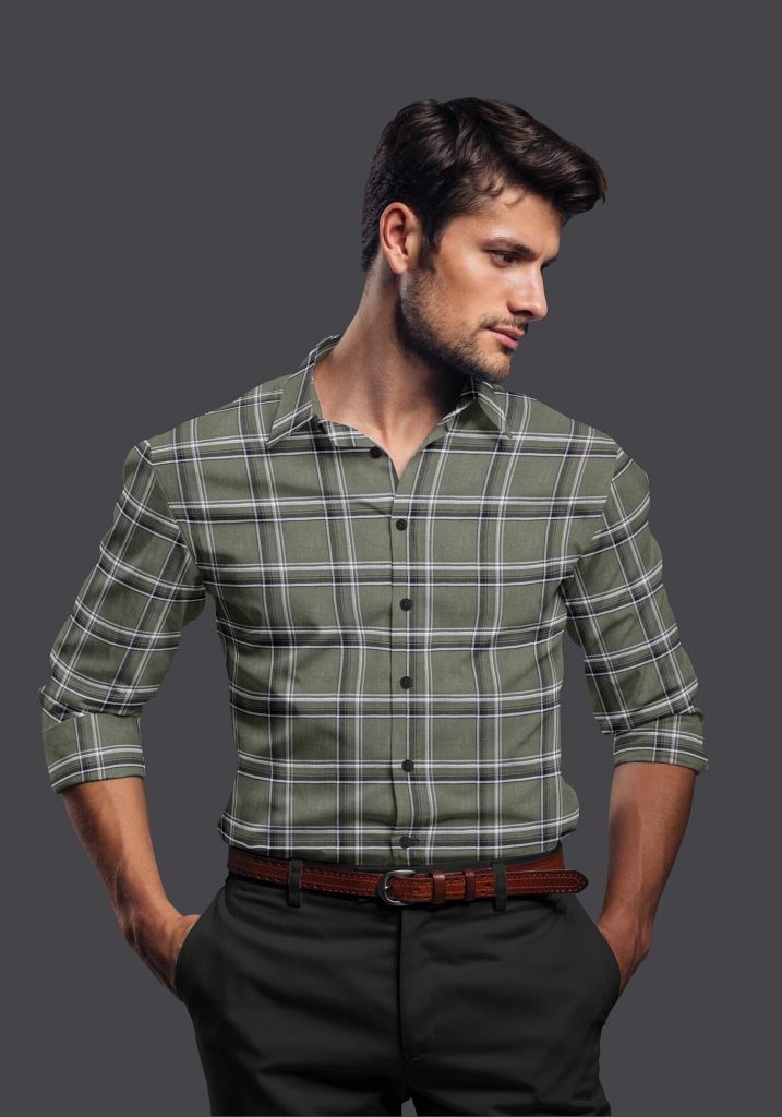 Olive Green Cotton Checkered Full Sleeves Shirt