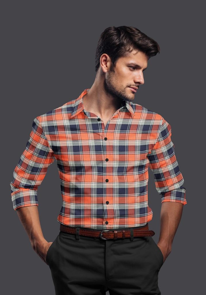 Orange Cotton Checkered Full Sleeves Shirt