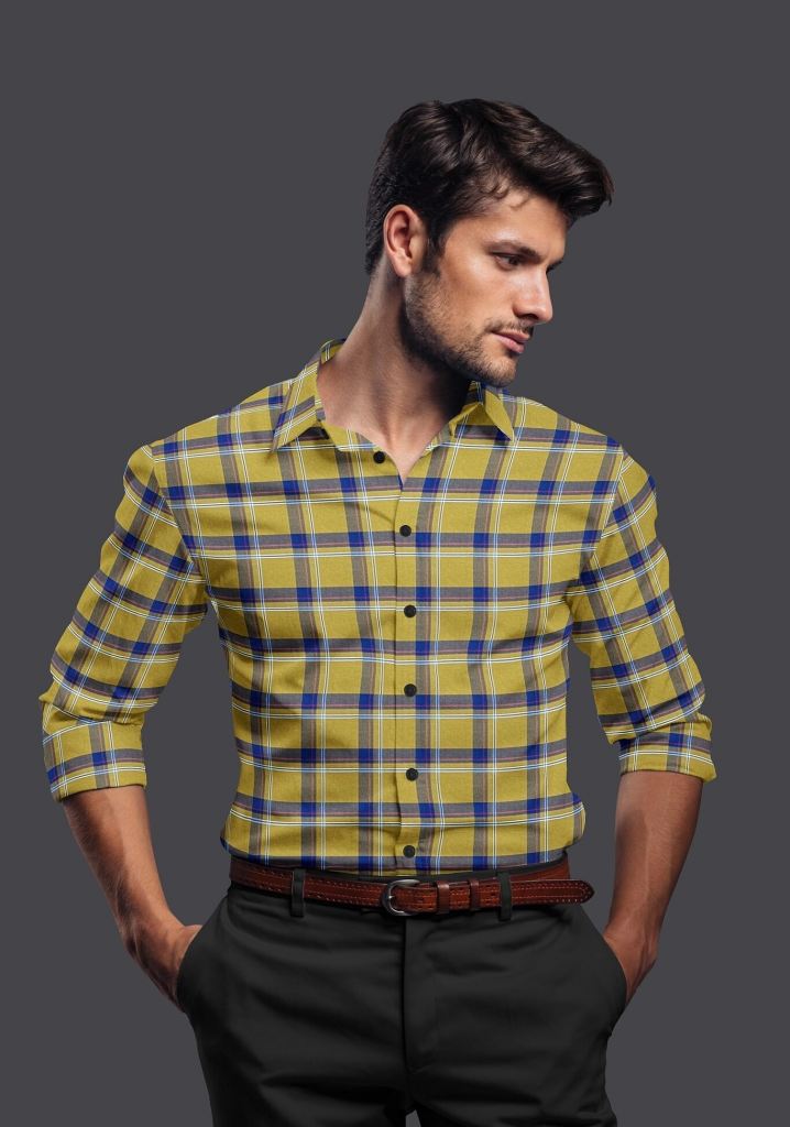 Yellow with Navy Blue Cotton Checkered Full Sleeves Shirt