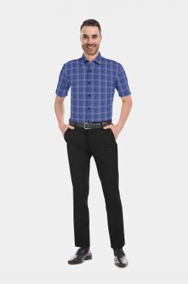 Navy Blue Cotton Checkered Half Sleeves Shirts 1