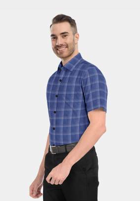 Navy Blue Cotton Checkered Half Sleeves Shirts 2